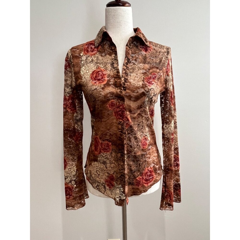 Y2K Forever 21 Lace Button Up Blouse Womens L Brown Rose Print Stretch Romantic